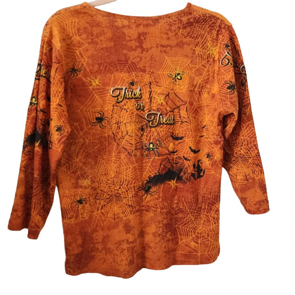 Jane Ashley Halloween Trick or Treat Stretch Bedazzled Shirt Size Medium Orange - Picture 4 of 12